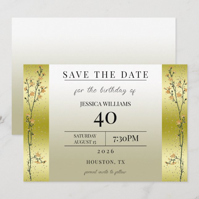 Convites Ramos de Outono, Confete Dourado Salvar a Data (Frente/Verso)