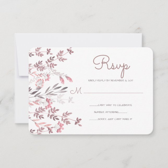 Convites Ramos Florais Rosa Delicados - RSVP Casamento (Frente)