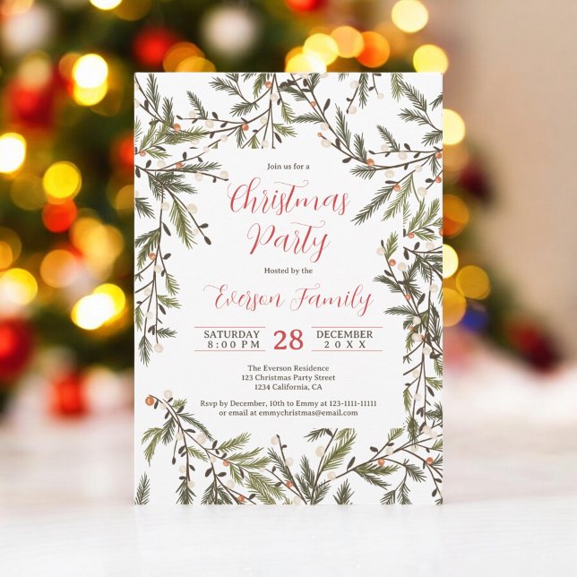 Convites Ramos Rustic Green Pine Filiais de Natal Elegante (Rustic Green Pine Branches Elegant Christmas Party Invitation on white)