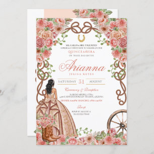 Convites Ranhura Ocidental rosa Dourada Charra Quinceañera