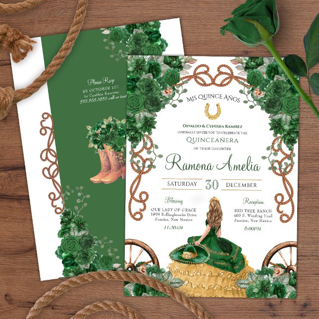 Convites Ranhura Verde Floral Ocidental Charra Quinceañera (Criador carregado)