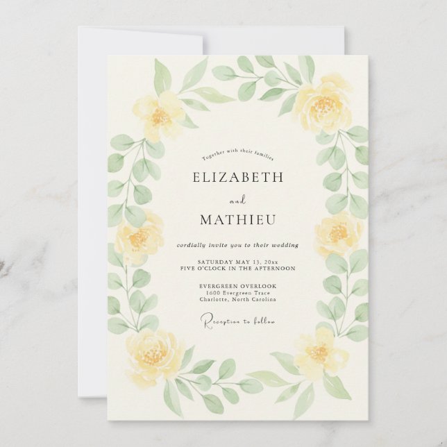 Convites Ranúnculo Amarelo Casamento com Folhas (Frente)