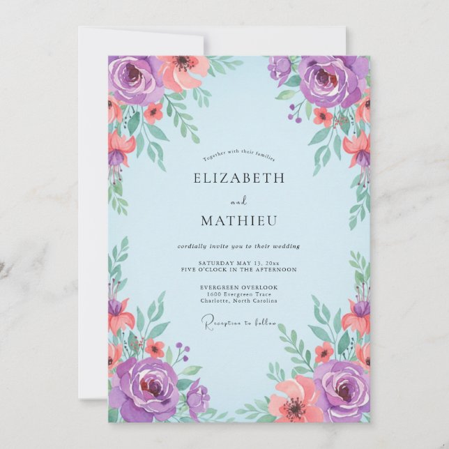 Convites Ranúnculo Coral Roxo Eucalipto Cinza Casamento (Frente)