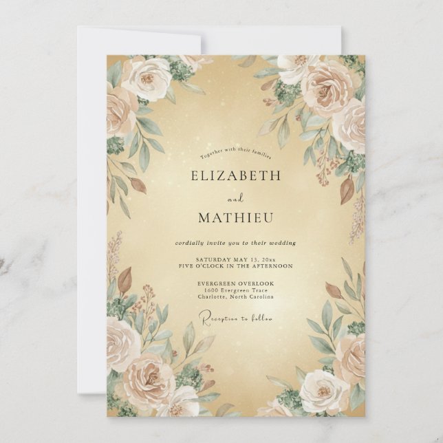 Convites Ranúnculo Creme Macio Dourado Casamento Eucalipto (Frente)