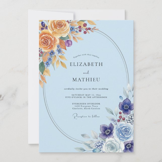 Convites Ranúnculo Dourado Azul-Celeste Casamento Sage (Frente)