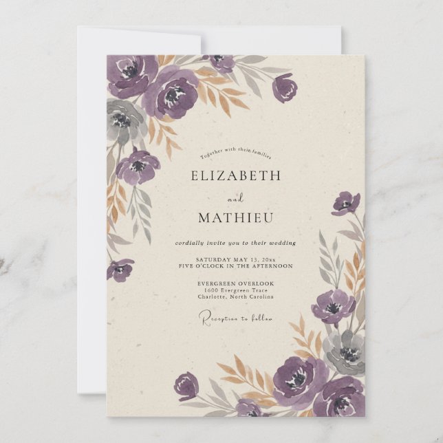 Convites Ranúnculo Roxo Dourado Casamento Eucalipto Silenci (Frente)