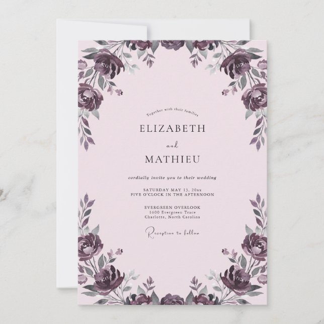 Convites Ranúnculo Roxo Folhagem Suave Eucalipto Casamento (Frente)