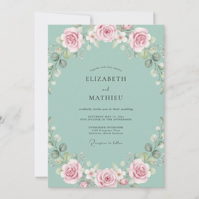 Convites Ranúnculo Seafoam Folhagem Eucalipto Casamento (Frente)
