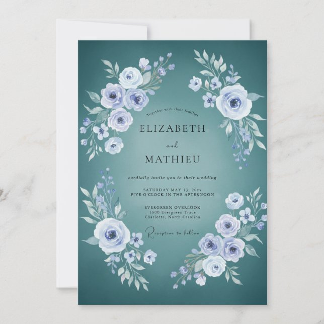 Convites Ranúnculo Teal Folhagem Eucalipto Casamento (Frente)