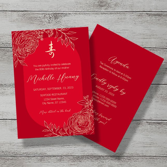 Convites Ranunculus Chinese Longevity (Shou) Aniversário (Criador carregado)