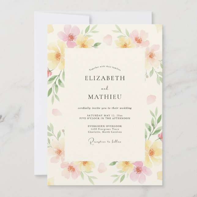 Convites Ranunculus de Eucalipto Amarelo Pálido Casamento (Frente)