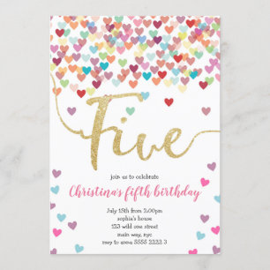 Convites Rapariga 5 de Aniversário Corações Confetti Rainbo