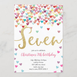 Convites Rapariga 7 de Aniversário Corações Confetti Rainbo