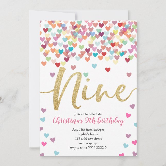 Convites Rapariga 9. Aniversário Corações Confetti Rainbow  (Frente)