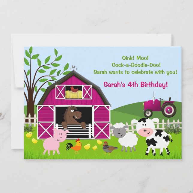 Convites Rapariga Animais de Criação de Barnyard Convidaçõe (Frente)