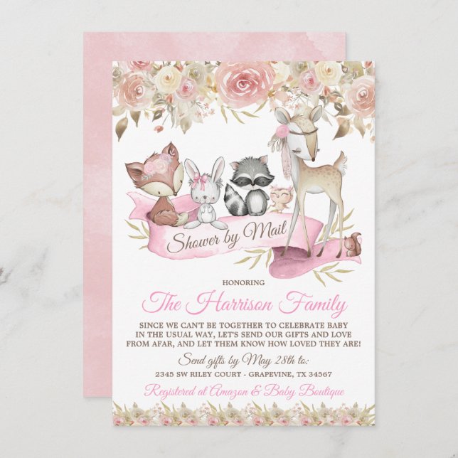 Convites Rapariga Animais Woodland E Chá de fraldas Virtual (Frente/Verso)