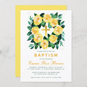 Convites Rapariga Baptism Amarelo Rose Wreath Faux Dourado
