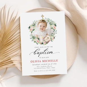 Convites Rapariga Baptism Christening Foto Floral