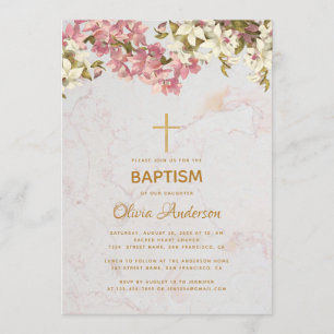 Convites Rapariga Baptisma Orquídeas Rosa Florais Douradas 