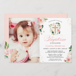 Convites Rapariga Baptismo Cristening Foto Blush Pink Flora