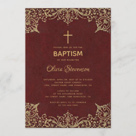 Convites Rapariga Baptismo Elegante Borgonha Dourada Vintag