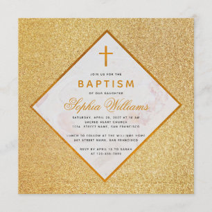 Convites Rapariga Baptismo Faux Dourada Glitter Cross White