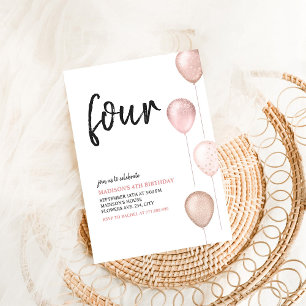 Convites Rapariga Blush Pink Balões Simples 4º Aniversário