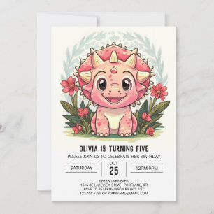 Convites Rapariga Bohemian Pink Dinosaur - Aniversário
