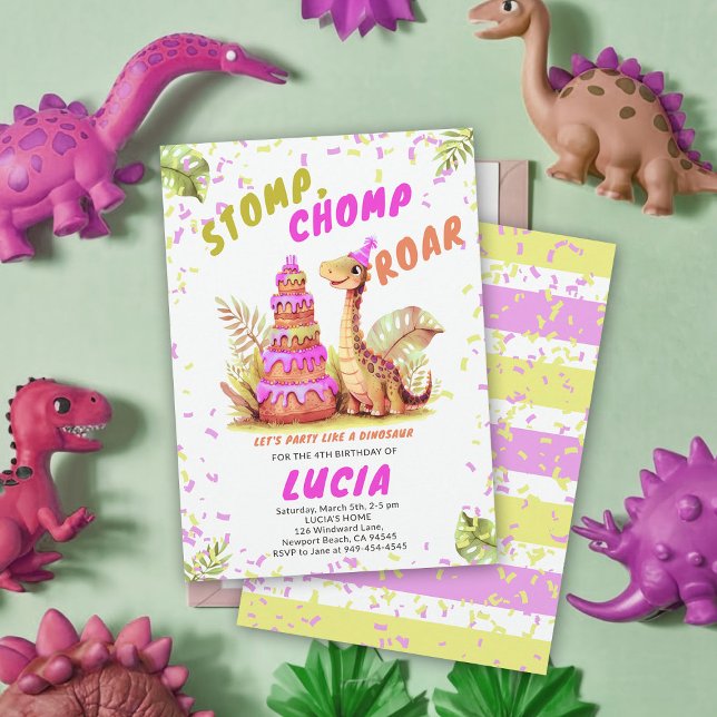 Convites Rapariga-Cama-Cama-Cama-De-Nascimento Gigante Dino (dinosaur girl birthday party dino stomp chomp roar funny watercolor giant cake prehistoric wild)