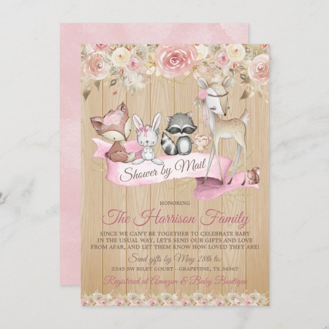 Convites Rapariga Chá de fraldas Virtual Sweet Woodland Por (Frente/Verso)