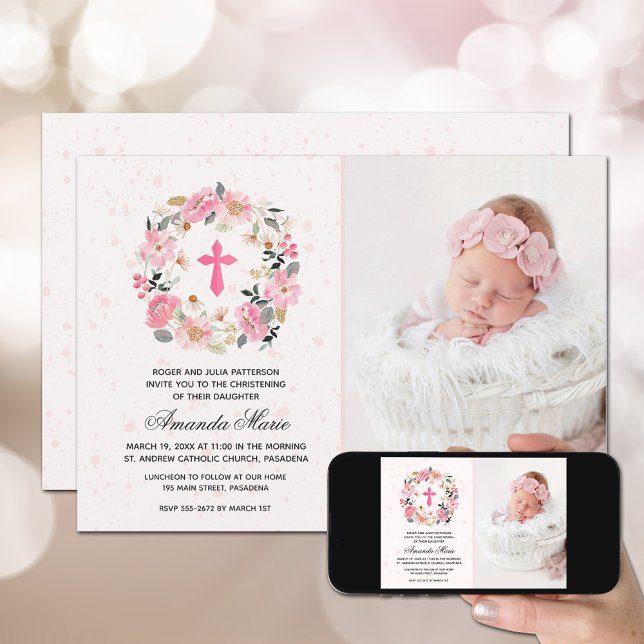 Convites Rapariga Christening Watercolor Floral Rosa (Criador carregado)
