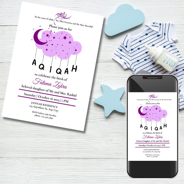 Convites Rapariga Da Nuvem Roxa Rapariga Muçulmana Aqiqah (Purple Moon Cloud Star Baby Girl Muslim Aqiqah Invitation)