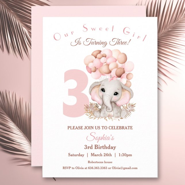 Convites Rapariga de Aniversário Convidando Elefante Rosa B (Birthday Girl Invitation Cute Pink Elephant)