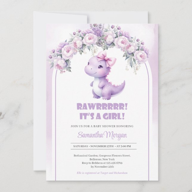 Convites Rapariga de dinossauro bonitinha e roxa arca (Frente)