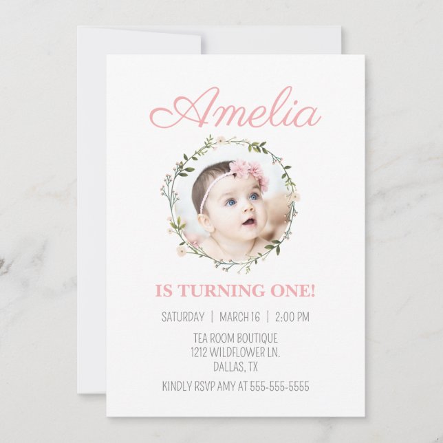 Convites Rapariga de Flores Rosa-Rosa-Dourada-Rosa-Dourada  (Frente)