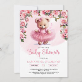 Convites Rapariga de peluche com tutu cor-de-rosa e rosas