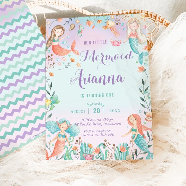 Convites Rapariga de Sereia Bonita Aniversário Debaixo da P (Criador carregado)