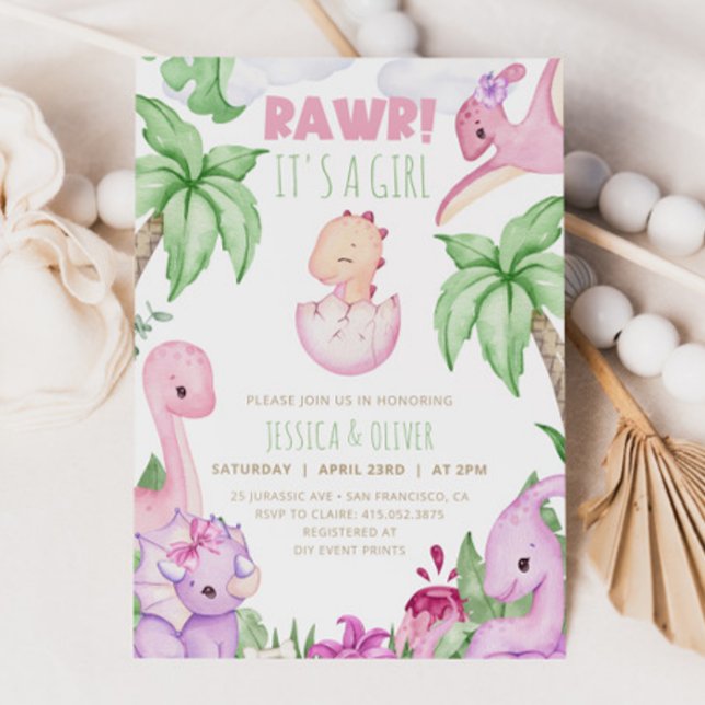 Convites Rapariga DINOSAUR Chá de fraldas Convite, Dino Rox (Criador carregado)