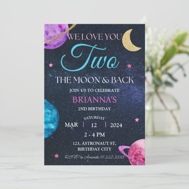 Convites Rapariga Do Espaço Exterior segundo aniversário Do (Em pé/Frente)