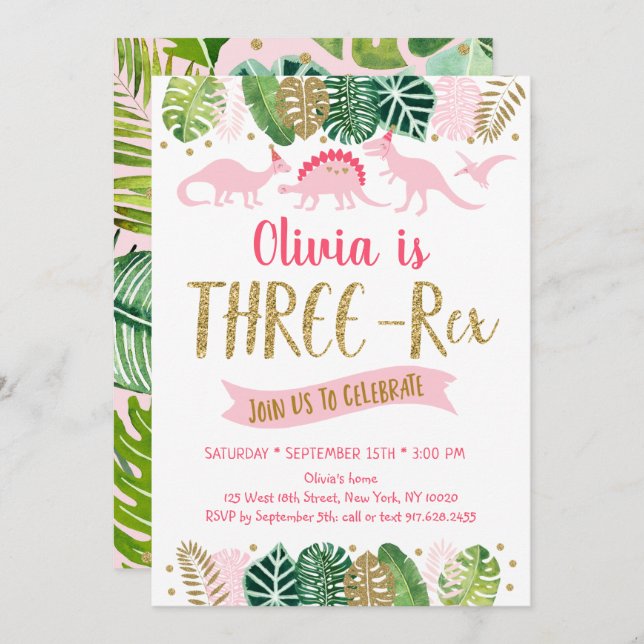 Convites Rapariga Dourada rosa Dinossauro TRÊS REX Aniversá (Frente/Verso)