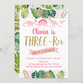 Convites Rapariga Dourada rosa Dinossauro TRÊS REX Aniversá