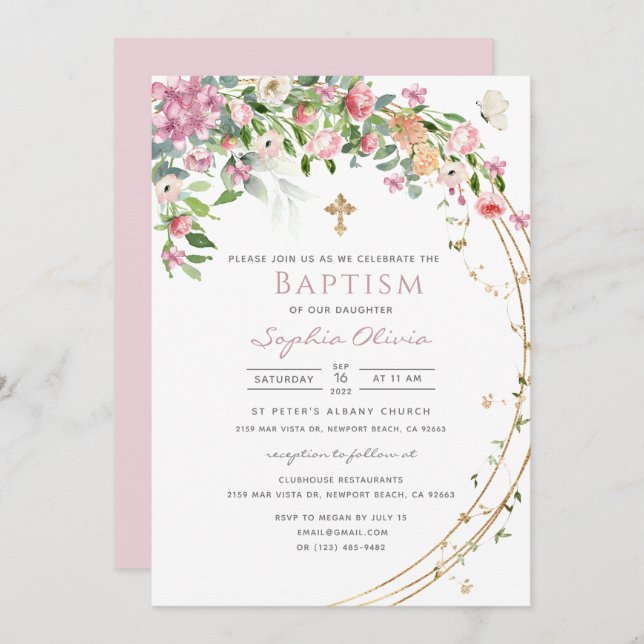 Convites Rapariga Floral Cor de Água Rosa Elegante - Batism (Frente/Verso)