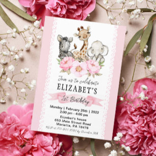 Convites Rapariga Floral Safari Bebês Aniversário