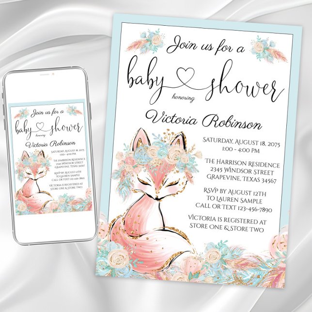 Convites Rapariga Fox Rosa Teto Dourado Chá de fraldas de A (Girl fox baby shower invitation. Instant download and printed invitations available.)