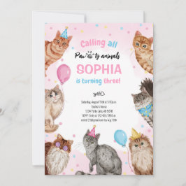 Convites Rapariga Gato Animais Pawty Aniversário