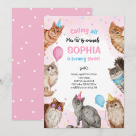 Convites Rapariga Gato Animais Pawty Aniversário
