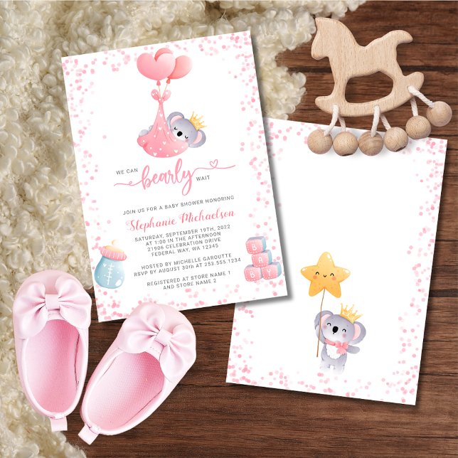 Convites Rapariga Koala Bear Podemos Bater Chá de fraldas D (Girl Koala Bear We Can Bearly Wait Baby Shower Invitation)