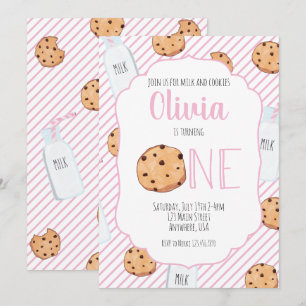 Convites Rapariga Leite e Biscoitos Rosa Primeiro Aniversá