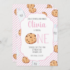 Convites Rapariga Leite e Biscoitos Rosa Primeiro Aniversár
