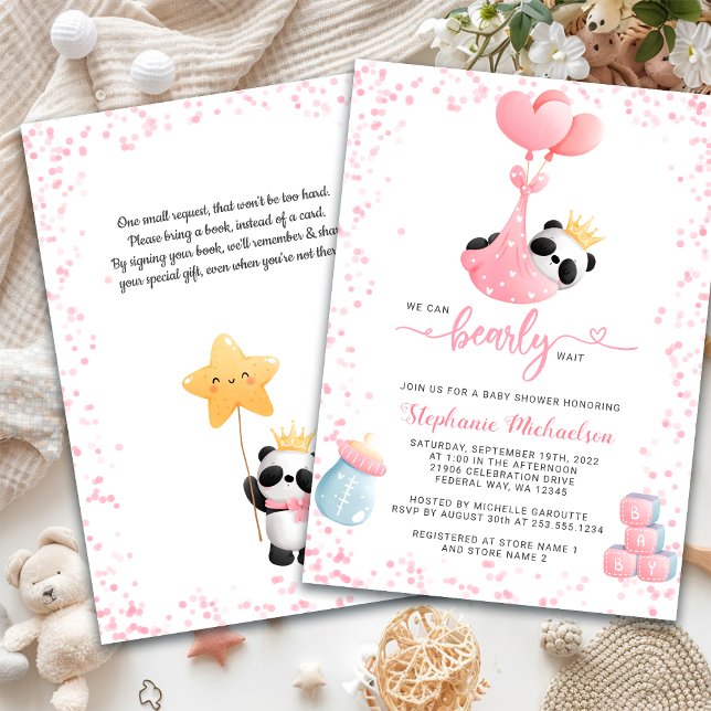 Convites Rapariga Panda Bprecoce Pedido de Chá de fraldas d (Girl Panda Bearly Wait Baby Shower Book Request Invitation)